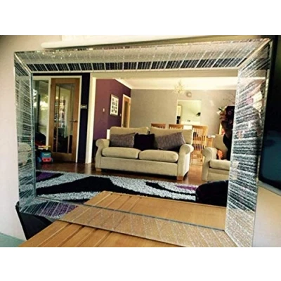 Image of CAPRISTAR Rectangle Shape Designer Silver Glitter Wall Mirror Frame Beautiful Decoration Art Piece Gift (90x60cm) Diagonal Design