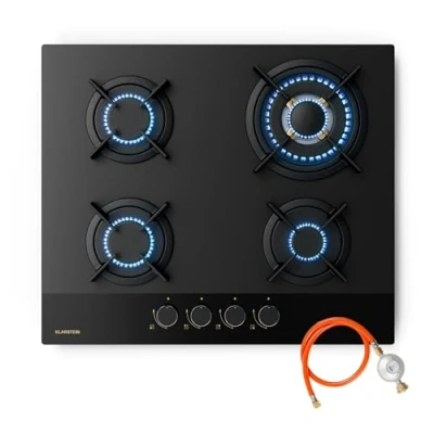 Image of Klarstein Goldflame Nano Gas Hob 4 Brass Burners, 60cm Glass Surface, 8kW Output, Wok Burner, Coating, Flame Failure Protection, Auto Ignition, NG/LPG Convertible, Black Metal Knobs