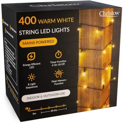 Image of CHRISTOW Christmas Fairy Lights, Warm White LED String Lighting with Timer, Indoor &amp; Outdoor, Tree Mains Operated, 8 Light Modes Flashing Static, Green Cable (400 / 40m Lit Length)