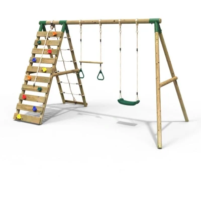 Image of Rebo® Wooden Swing Set with Up and Over Climbing Wall Savannah Green OutdoorToys Pressure Treated Timber, Trapeze Bar, Cargo Net, Rocks