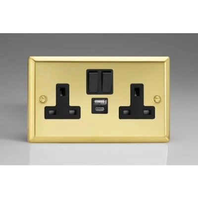 Image of Varilight Classic Victorian Brass 2 Gang 13A Single Pole Switched Socket with 1x USB A &amp; C Charging Ports Black Inserts