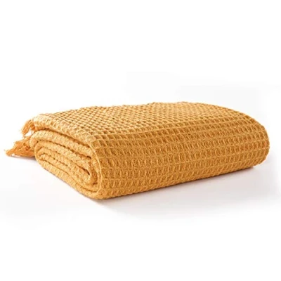Image of EHC Waffle Throws for Sofa Armchair Blanket Single Bed Cover, 125 X 150cm Ochre