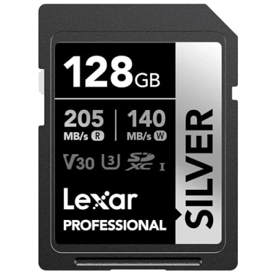 Image of Lexar 128GB Professional Silver SDXC Memory Card, UHS I, C10, U3, V30, 4K Video, Up to 205/140 MB/s Read/Write, for Photographer, Videographer, Enthusiast (LSDSILV128G BNNNU)