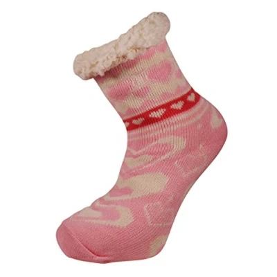 Image of Itzu Ladies Thick Thermal Fleece Lined Warm Cosy Soft Slipper Socks Hearts Love Grip in Baby Pink