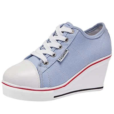 Image of ANUFER Women&#039;s Wedge Heel Lace up Canvas Trainers Shoes Blue SN02435 UK5.5