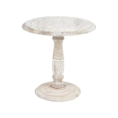Image of Beliani Side Table Mango Wood Carved Pattern Round Oriental Gold Off White ⌀ 45 cm Jambia