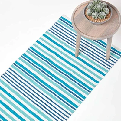 Image of HOMESCAPES Striped Rug, 66cm x 200cm 100% Cotton Blue Runner Mat; Modern, Contemporary Scandinavian Living Room &amp; Bedroom Rugs