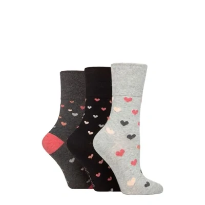 Image of Women&#039;s 3 Pair Gentle Grip Cotton Patterned and Striped Socks Queen of Hearts Charcoal Melange 4 8