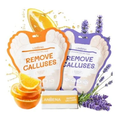 Image of LANBENA 2 Pairs Exfoliating Foot Peel Mask for Hard Skin Moisturising Socks Removing Dry Dead Skin, Calluses &amp; Repairing Rough Heels, Baby Soft, Smooth Feet Lavender&amp;Vitamin C
