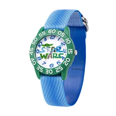 Image of STAR WARS The Mandalorian Kids&#039; Plastic Time Teacher Analog Quartz Nylon Strap Watch, Green, Light Blue, strip