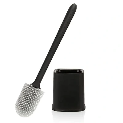 Image of Canvint Toilet Brush, Silicone Brush with Holder Set, Dead Corner Deep Cleaning Quick Drying Holder, Loo Flexible No Slip Long Plastic Handle for Bathroom (Black)