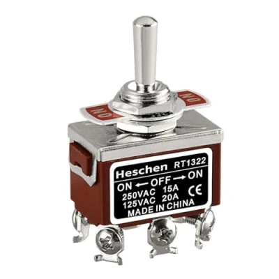 Image of Heschen Metal Toggle Switch, RT1322, DPDT, Maintained Type, ON/OFF/ON, 3 Position, 15A 250VAC