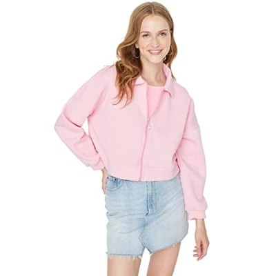 Image of Trendyol Women&#039;s Polo Neck Plain Regular Sweatshirt, Pink, S