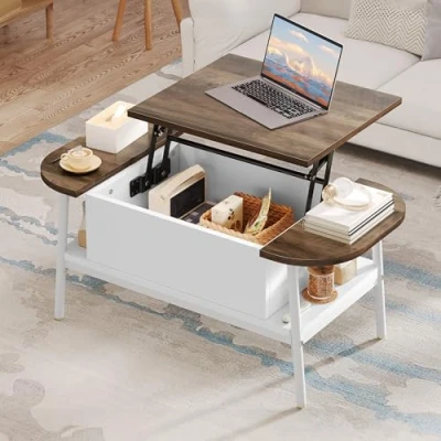 Image of YITAHOME Lift Top Coffee Table, Tables with Living Room Hidden Storage Compartment, Modern Table Elliptical for Home Office, 100x50x42CM
