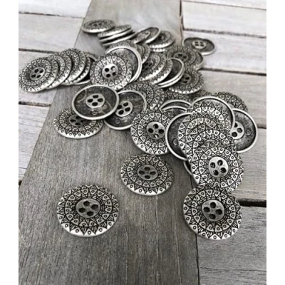 Image of Silver Antique Flat Metal Buttons 4 Holes 15 mm, 18 20 mm or 25 (Pack of 10) (20 mm)