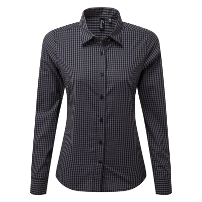 Image of Premier Womens/Ladies Maxton Check Long Sleeve Shirt (Steel/Black) Blue/Dark Grey Size 2XL