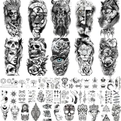 Image of BUXIUGAN Temporary Tattoos, 50 Sheets fake Tattoos for Men Women Adults, 10 Large 3D Realistic Half Sleeve 40 Tiny Prisoner With Skull Skeleton Animals Faux Stickers