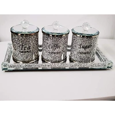 Image of Deenz Set Of Diamond Crushed Tea Coffee Sugar Jars &amp; Mirrored Crystal Candle Plate 39X18Cm Elegant Addition To Your Home Best Gift
