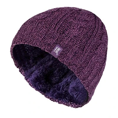 Image of HEAT HOLDERS Womens Thermal Fleece Lined Cable Knit Winter Beanie Hat 3.4 tog (One Size, Purple)