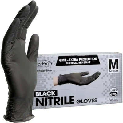 Image of ForPro Disposable Nitrile Gloves, Chemical Resistant, Powder Free, Latex Non Sterile, Food Safe, 4 Mil, Black, Medium, 100 Count