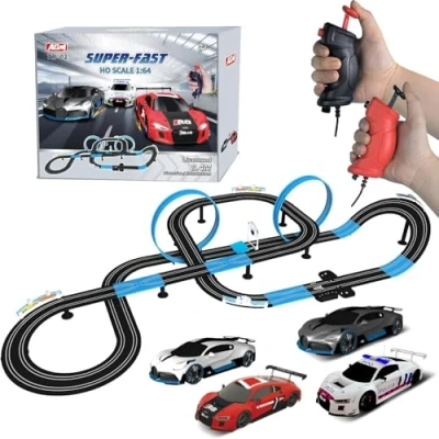 Image of AGM MASTECH Slot Car Race Track Set, High Speed Series Tram Dual Set with 4 Licensed Racing Cars, 2 Hand Controls, Parts and Lap Counter, 8.4M Long Track, Black