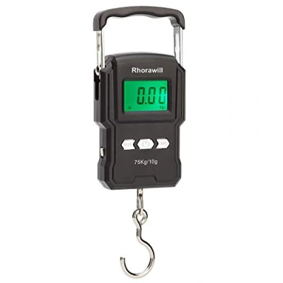 Image of Rhorawill Luggage Scale 165lb/75kg Electronic Fishing Scales Digital Hanging Hook Backlit LCD Screen with Measuring Tape Ruler, Temperature, 2 AAA Batteries for Hunting Travel Kitchen