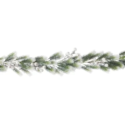 Image of Festive Lights 1.13m Flocked Frosted White Berry Green Pine Needle Foliage Artificial Indoor Christmas Garland Decoration