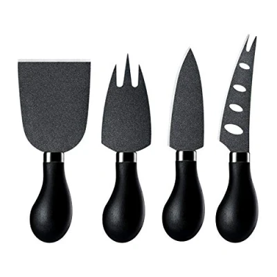 Image of hecef 4 PCS Cheese knife Set, Black Knife, Chisel and Fork for Family Gathering Party Halloween Christmas