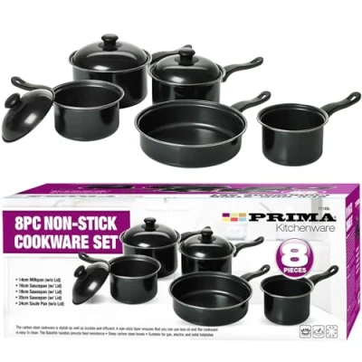 Image of 8 PCS Carbon Steel Black Cookware Set Non Stick Saucepan with Lid Pot Home Kitchen Chef Healthy Food Cooker Milk &amp; Saute Pan 14/16/18/20/24cm Housewarming Gifts UK Free P&amp;P