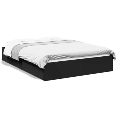 Image of vidaXL Small Double Bed Frame with Storage Drawers Black Engineered Wood, Modern Bedroom Furniture, 120x190 cm, Plywood Slats