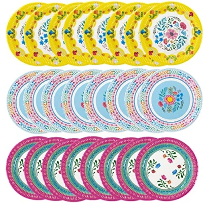 Image of Talking Tables Boho Colourful Floral Paper Plates 24 Pack Disposable Tableware for Kids Birthday Encanto Party Decorations, Hawaiian Theme, Summer Picnic, BBQ 23cm,Blue,pink