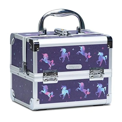 Image of Joligrace Girls Makeup Box with Mirror Travel Jewellery Cosmetic Case Organiser Light Weight Lockable Keys, Size: 19.5x15x16cm, Unicorn