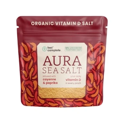 Image of Your Daily Vitamin D in Every Pinch Organic Aura Sea Salt Infused Celtic with Cayenne &amp; Paprika 30% Less Sodium Than Table 5 Months of 80g Resealable Pouch.