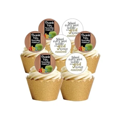 Image of 24 Precut Thank You Teaching Teacher Assistant Edible Wafer Paper Cake Toppers Decorations