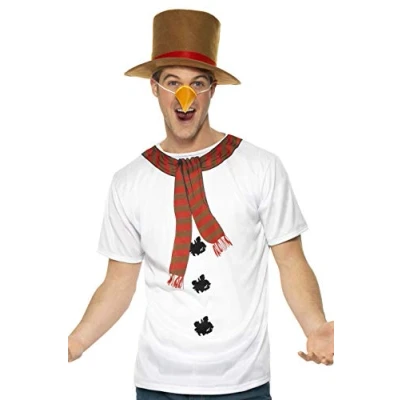 Image of Smiffys Snowman Instant Kit, White with T Shirt, Hat and Carrot Nose, Christmas Adult Fancy Dress, Dress Up Costumes