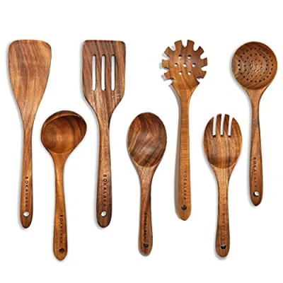 Image of Wooden Spoons for Cooking,7Pcs Utensils Cooking Teak Kitchen Utensil Set Spatula