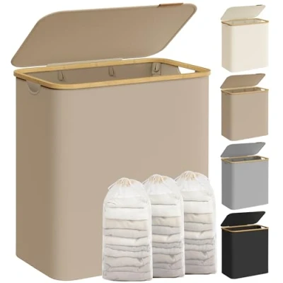 Image of SONGMICS Laundry Basket with Lid, 3 Section Large Hamper, 150 L, Removable Mesh Liner, Oxford Fabric, Bamboo Handles, Collapsible, 60 x 38.5 70.5 cm, Camel Brown LCB515N02