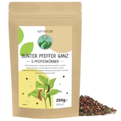 Image of Mixed Peppercorns with Allspice 250g 8.8 oz by Alpi Nature, 5 Colour Blend of Black Peppercorns, White Green Pink and berries, Whole Dried