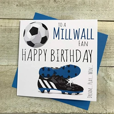 Image of WHITE COTTON CARDS Millwall FC Football Club Fan Birthday Card BOOTS &amp; BALL DESIGN (FFP45)