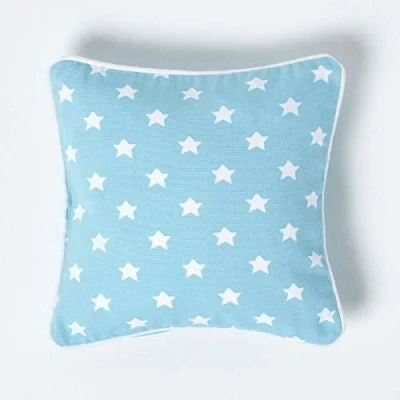 Image of HOMESCAPES 100% Cotton Star Cushion Cover 30 x cm Square 12 Inches Blue White Sofa Pillow Washable