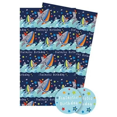 Image of Abacus Cards Wrapping Paper 12621A Birthday Sharks Gift Wrap Pack with 2 Sheets and Tags, Plastic Free &amp; FULLY RECYCLABLE, multicoloured