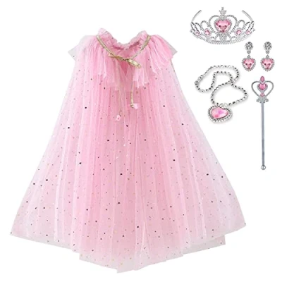Image of Skyllc Princess Cape for Children,Tulle Glitter Girls,Princess with Crown, Necklace, Earrings, Magic Wand(Pink)