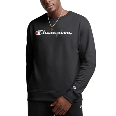 Image of Champion Men&#039;s Crewneck, Powerblend Fleece, Hoodie Sweatshirt Logo (Reg. Or Big &amp; Tall), Black Script, XS