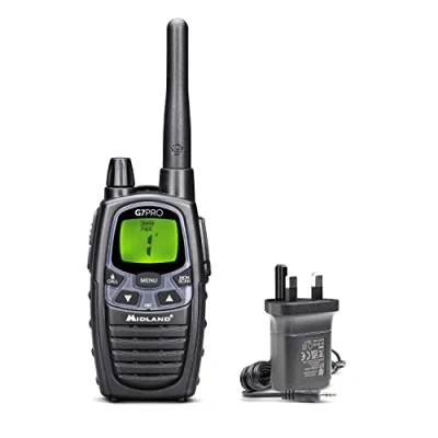 Image of Midland G7 Pro, Two Way Radio Walkie Talkie, Dual Band 16 PMR446 Channels and 69 LPD license free, 4 Rechargeable Batteries, Belt Clip, UKCA Certified, UK Plug, 1 Radio, Black