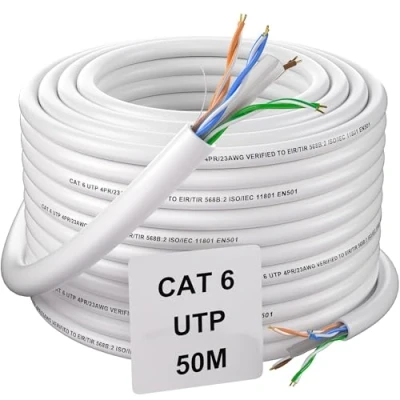 Image of Soibke 50m Ethernet Cable Cat 6, Bulk Internet High Speed Network Gigabit, RJ45 Extra Long LAN Outdoor Patch White Installation UTP 23AWG Wlan