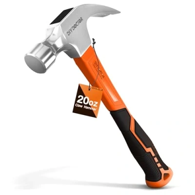 Image of DIY Doctor Claw Hammer 20oz 567grams Straight for Electricians, Carpenters Home Improvement Solid Forged Steel Curved Comfort Grip TPR Finish Fibreglass Framing Shaft