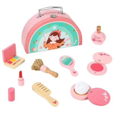 Image of SOKA Wooden Make Up Toy Set Pretend Play Vanity Beauty Cosmetic Kit with Cute Case Makeover Role Games for Kids Children Little Girls Ages 3 year old +