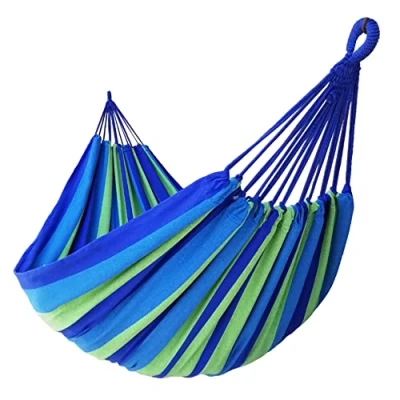 Image of GOCAN Brazilian Double Hammock 2 Person Extra Large 250x160cm Total Length 350cm Load 300kg Canvas Cotton for Patio Porch Garden Backyard Lounging Outdoor and Indoor(Blue/Green) XXXL