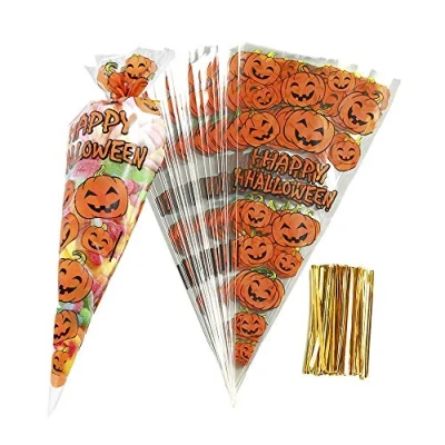 Image of RFWIN 100Pcs Pumpkin Cone Bag Halloween Clear Cellophane Treat Bags, Party Favor Bags with Gold Twist Ties for Candy Cookies