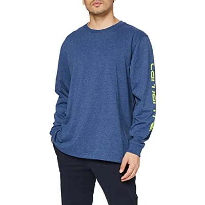 Image of Carhartt Men&#039;s Relaxed Fit Heavyweight Long Sleeve Logo Graphic T Shirt, Dark Cobalt Blue Heather, S